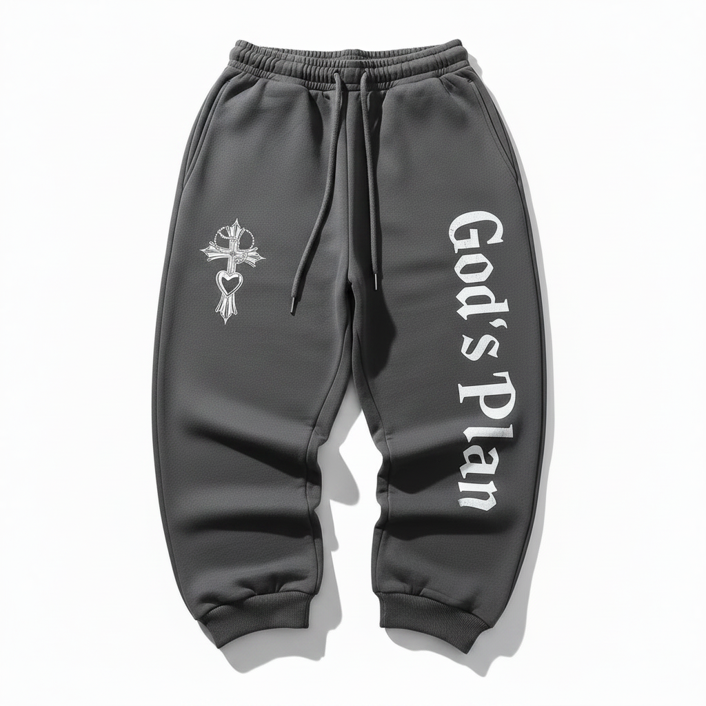 God's Plan Sweatpants with cross and heart necklace graphic