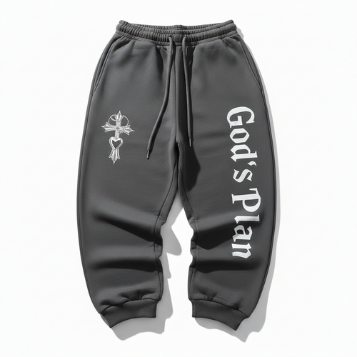 God's Plan Sweatpants with cross and heart necklace graphic