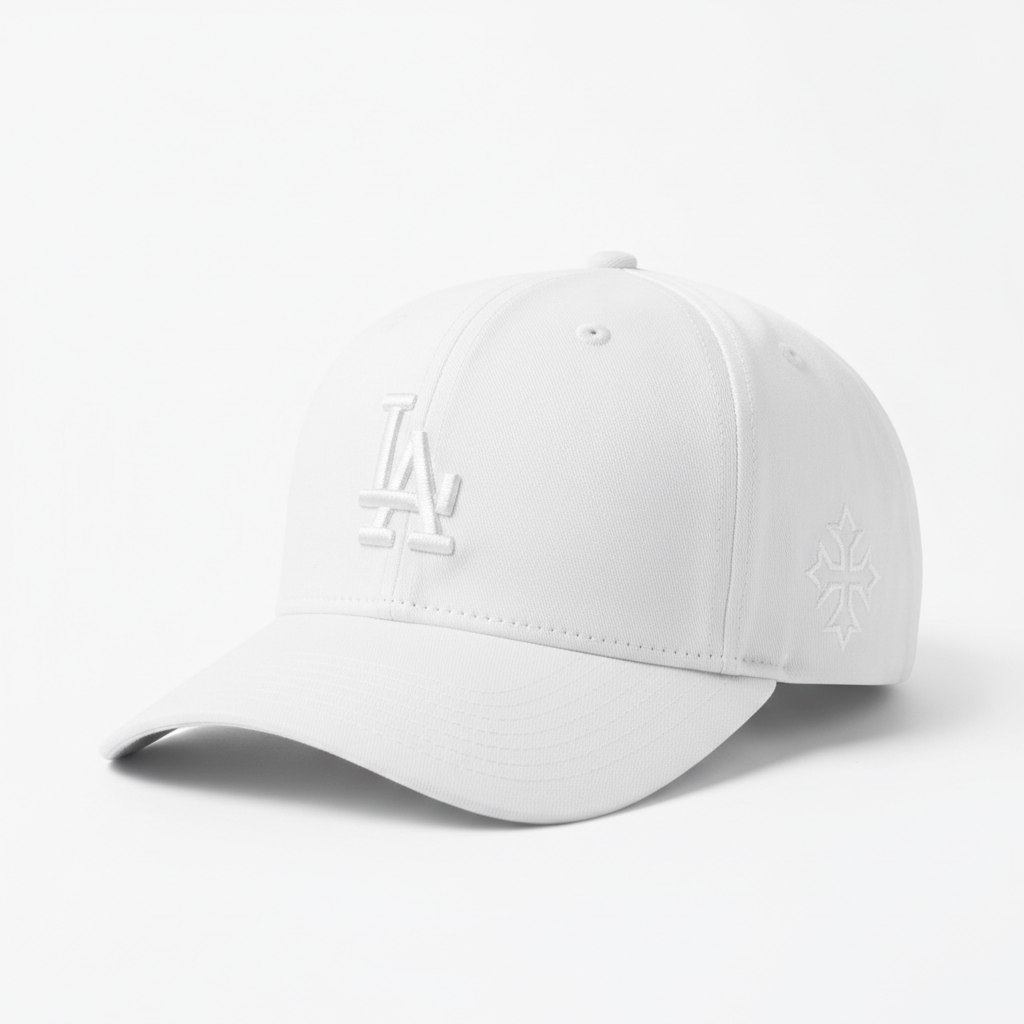 White LA Cross Cap with cross design on the side