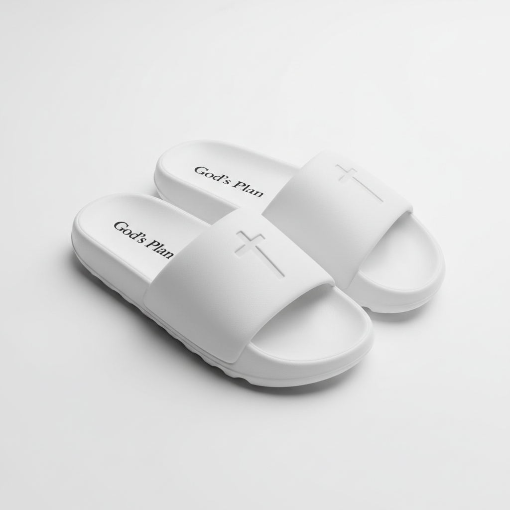 God's Plan Slides in white with cross design