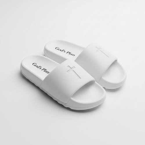 God's Plan Slides in white with cross design