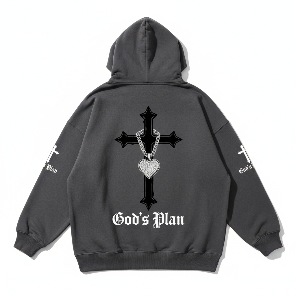 God's Plan Hoodie with cross and heart necklace graphic