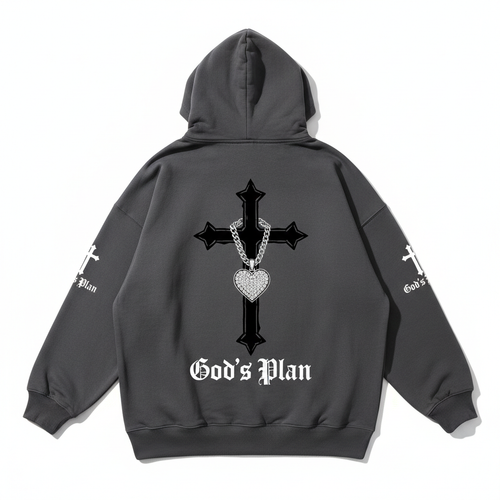 God's Plan Hoodie with cross and heart necklace graphic